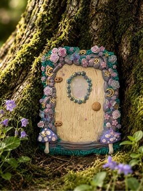 Handcrafted Fairy Door with Purple Flowers for indoor or outdoor use 6”